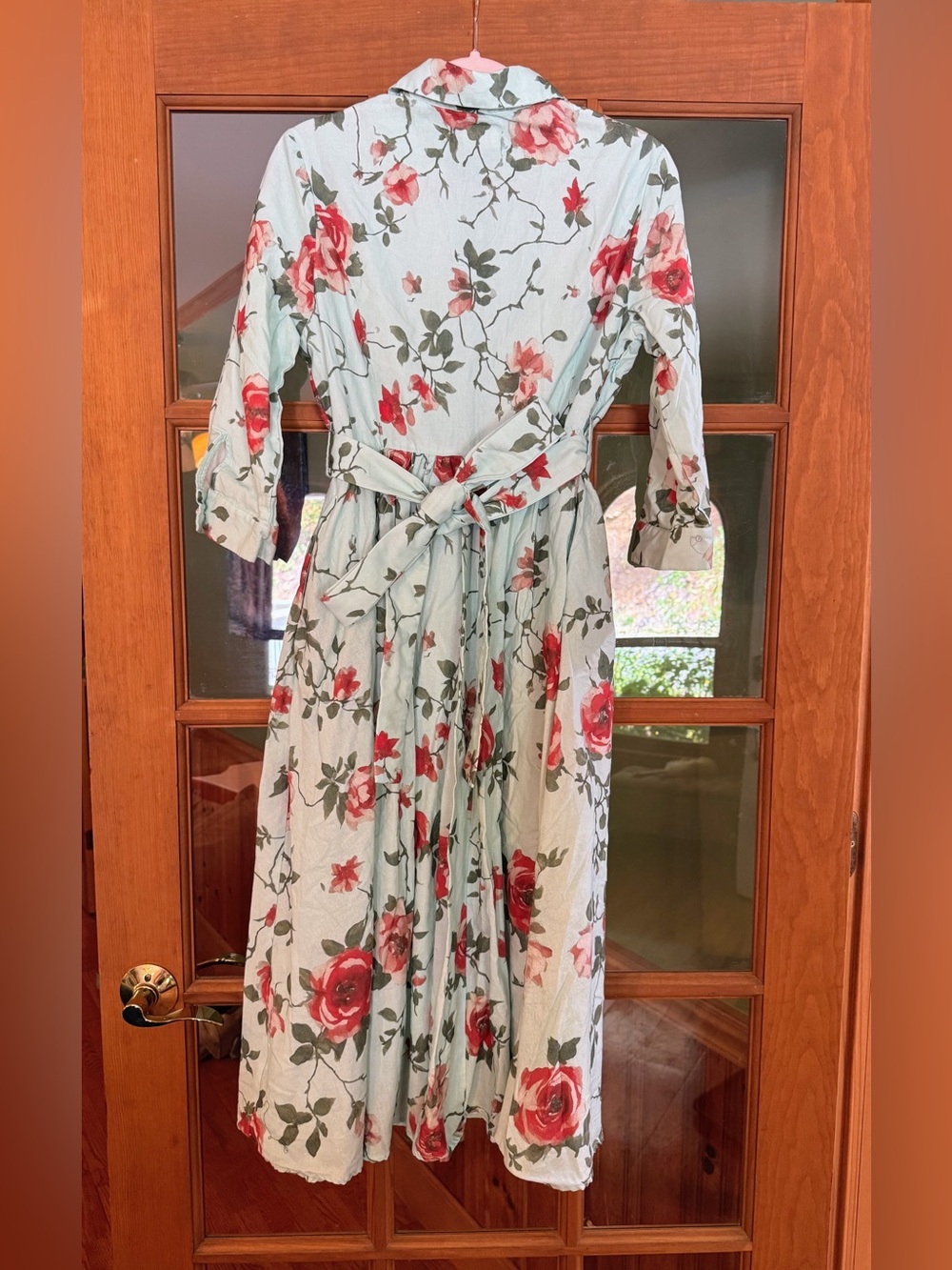 Floral Button-Front Midi Dress with Belt - Light Blue & Red Roses - Picture 2 of 4